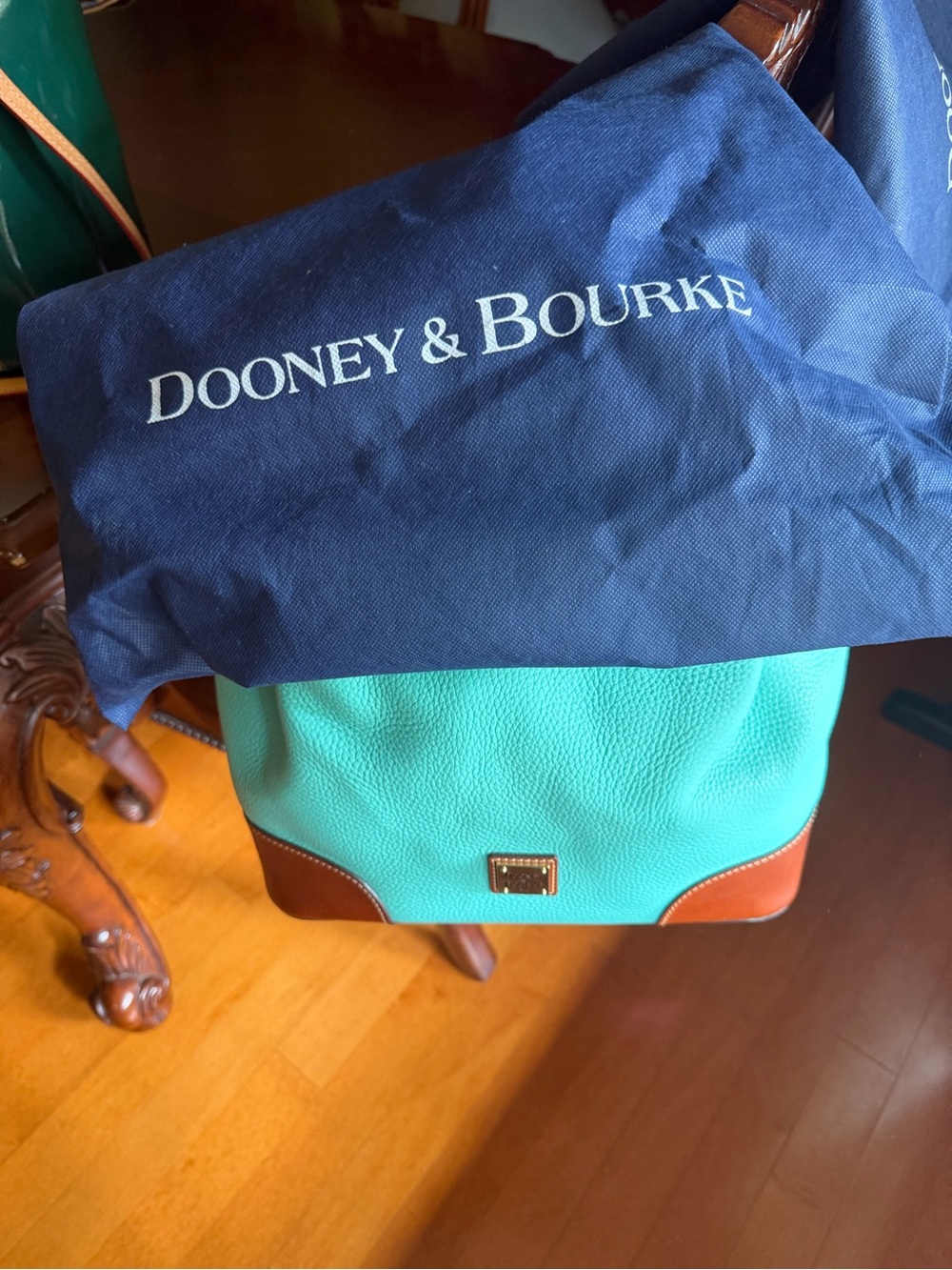 Dooney & Bourke Turquoise Pebble Leather Shoulder Bag with Brown Trim